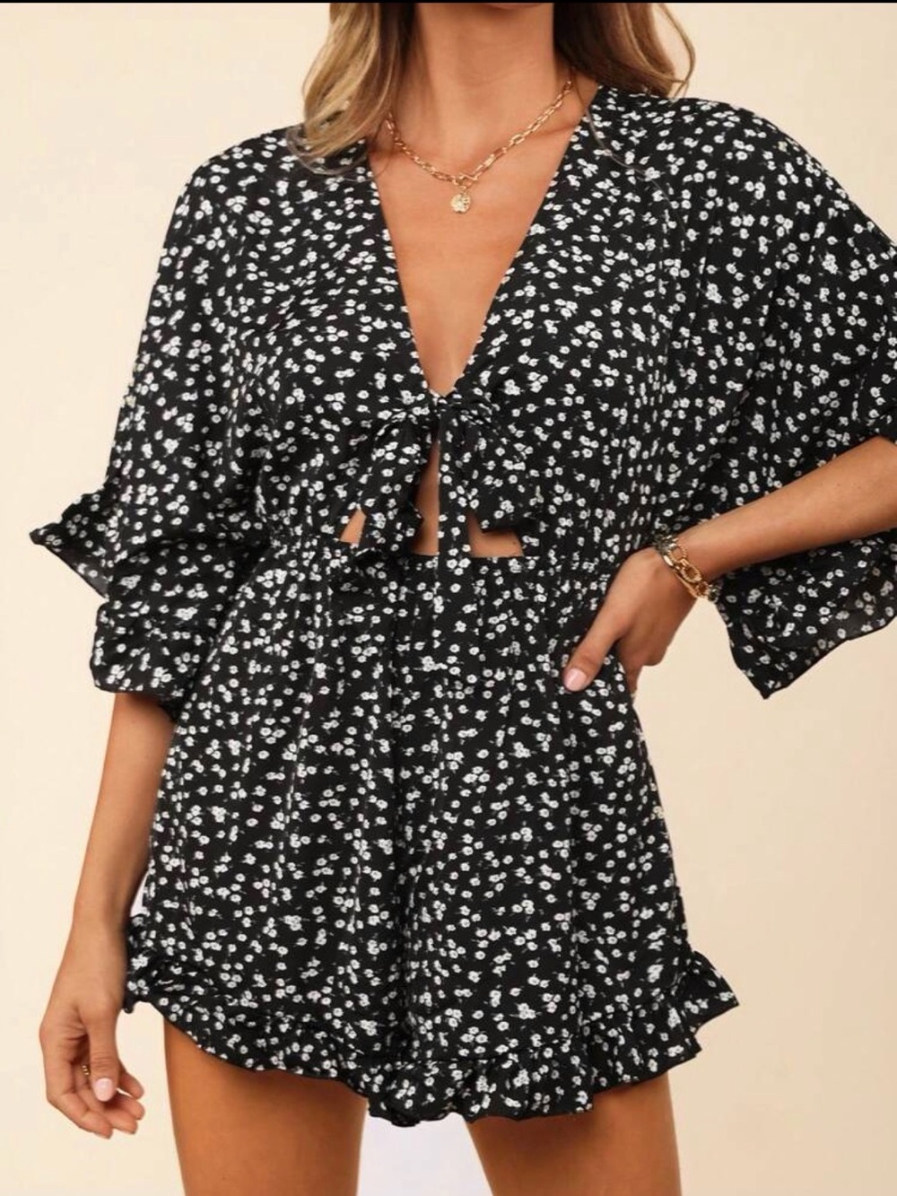 SHEIN Black Floral Tie-Front Ruffle Tunic